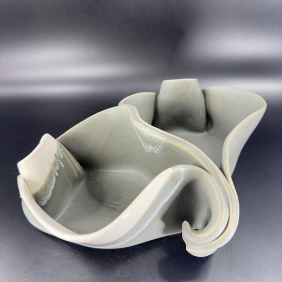 HILBORN Canada Art Pottery Chip And Dip Salsa Double Bowl Dish Signed W Spoons - Picture 7 of 16